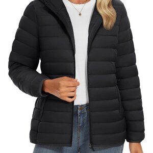 Lightweight Quilted Puffer Jacket with Hood, 4 Pockets, Windproof Winter Coat